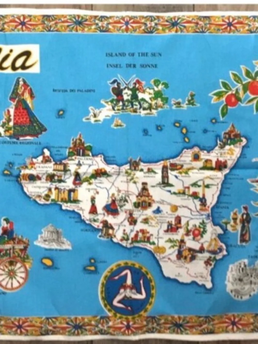 vintage souvenir tea towel or wall hanging featuring a map of Sicily